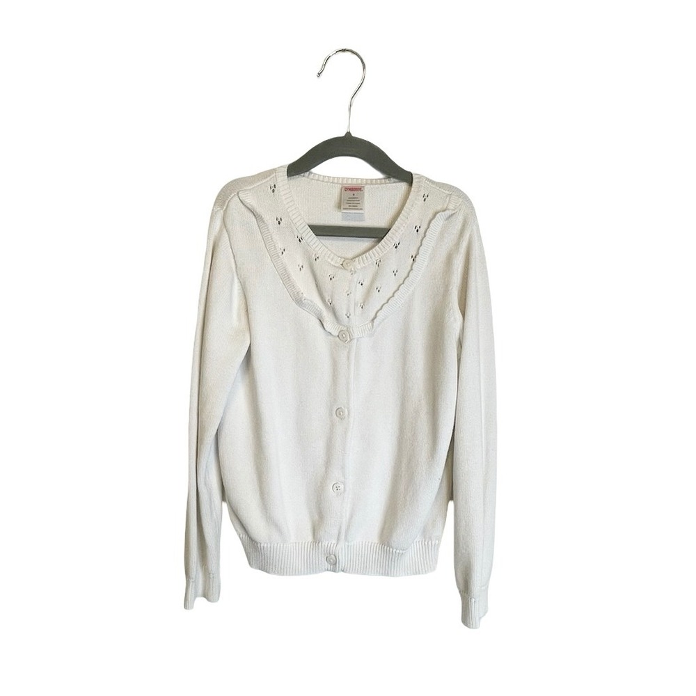 Gymboree Pointelle Cardigan Sweater White Button Front Preppy Ruffle Girls Sz 8